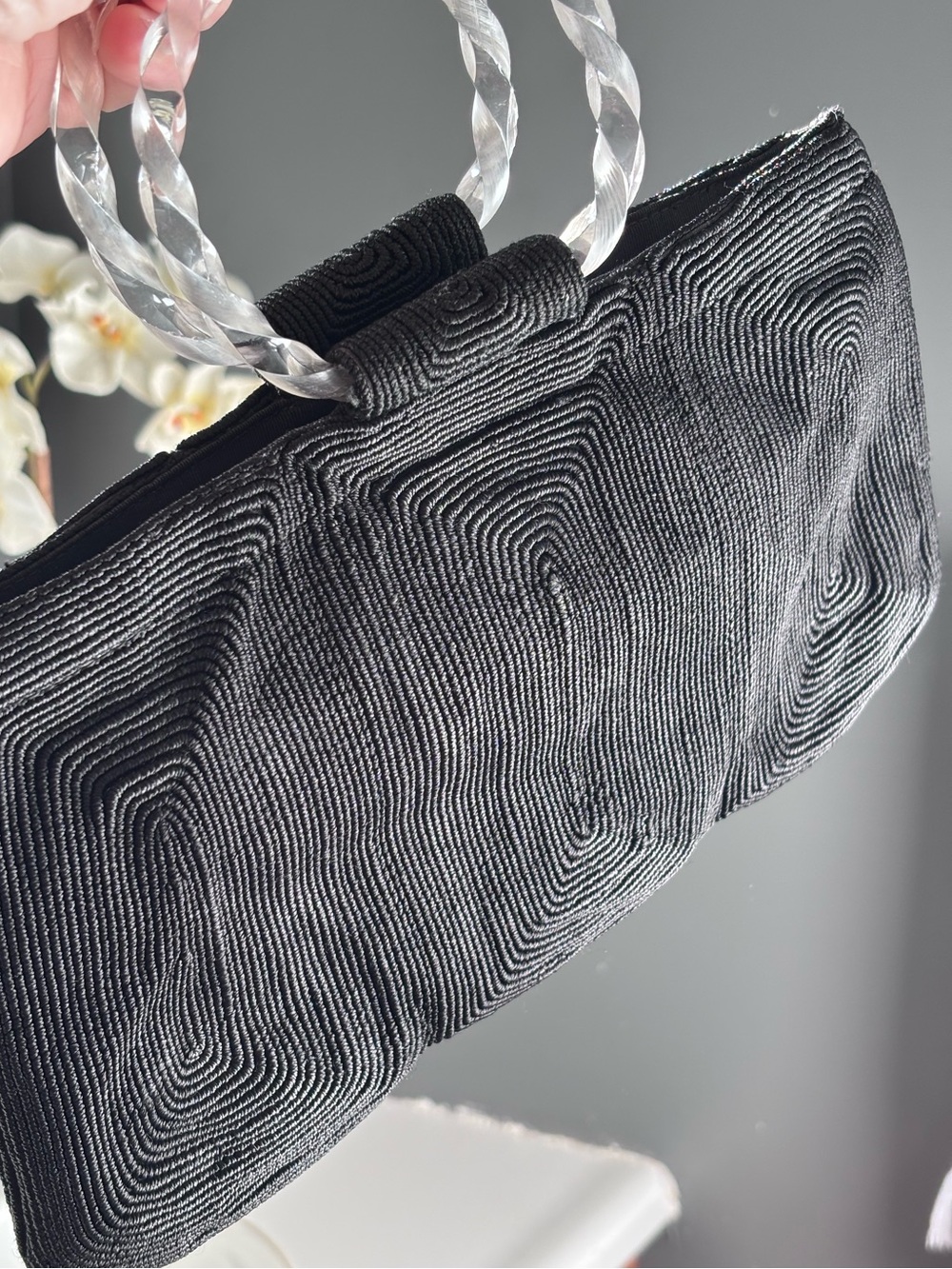Vintage 1940s Genuine Corde Black Raised Embroidered Purse Lucite Twist Handle